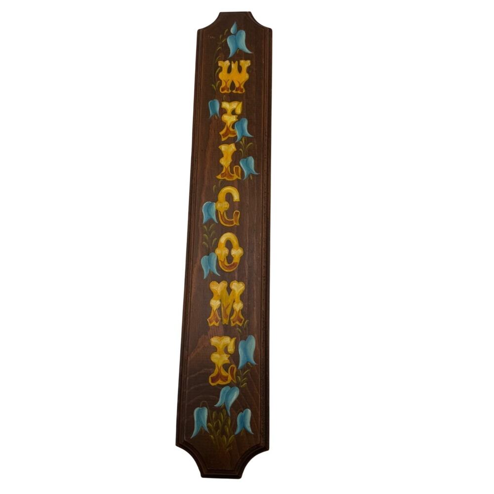 Vintage Welcome Sign Wood Wall Hanging Hand Painted Floral Folk Art Farmhouse